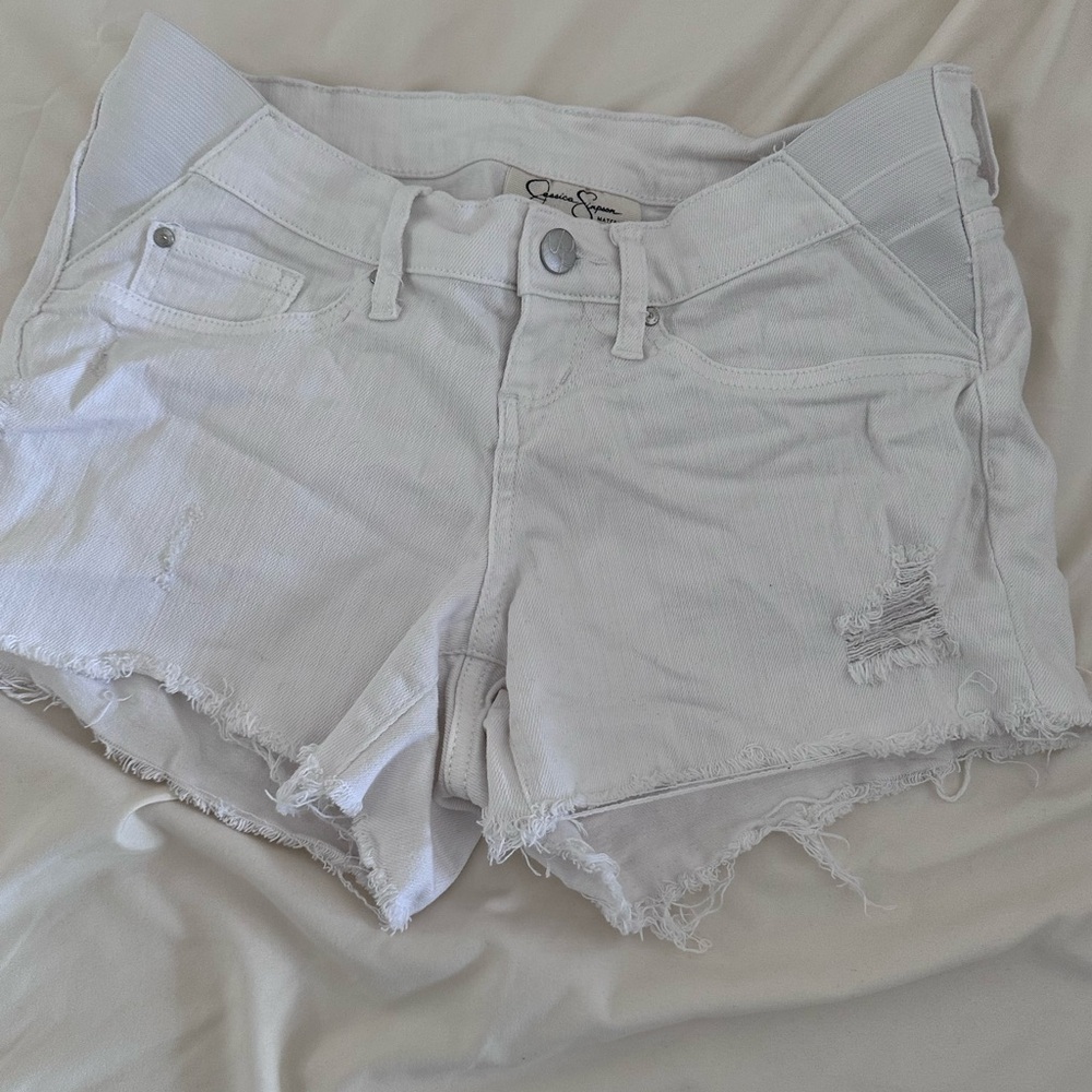 White Distressed Denim Maternity Shorts